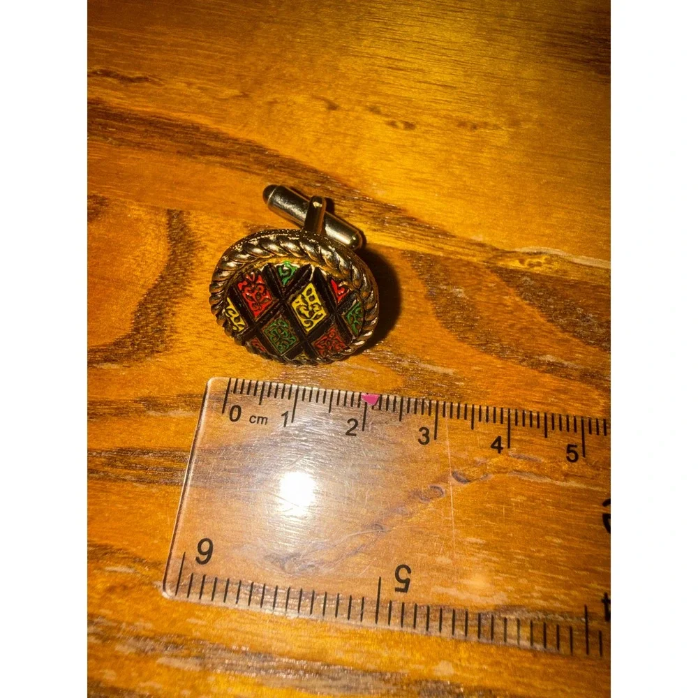 Sarah Coventry Vintage Harlequin Enamel Gold Tone Rope Border Cufflinks Mens